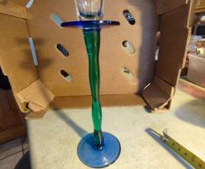 Parlane collection candle holder hand made coloured glass blue and green stem.