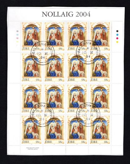 2004 Ireland Christmas Commemorative Stamp Sheetlet Plate 1B1B1B1B Fine Used with Dublin cancel of 10th November 2004 (First day of issued) on envelope extract.
