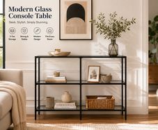 Modern Glass Console Table with Tempered Glass Shelves