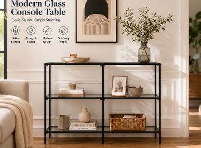 Modern Glass Console Table with Tempered Glass Shelves