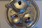 Stunning Vintage Sheffield 3-Piece Silver-Plated Tea Set with Large Engraved Gallery Tray - Polished &amp; Ready