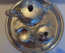 Stunning Vintage Sheffield 3-Piece Silver-Plated Tea Set with Large Engraved Gallery Tray - Polished & Ready