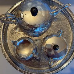 Stunning Vintage Sheffield 3-Piece Silver-Plated Tea Set with Large Engraved Gallery Tray - Polished & Ready