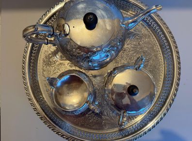 Stunning Vintage Sheffield 3-Piece Silver-Plated Tea Set with Large Engraved Gallery Tray - Polished & Ready