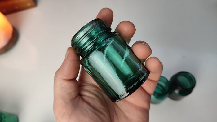 235 - Beautiful Set of 3 1950s Vintage Turquoise Glass Bottom Embossed Letters Science Medicine Pills Chemicals Collectible Decorative Jars