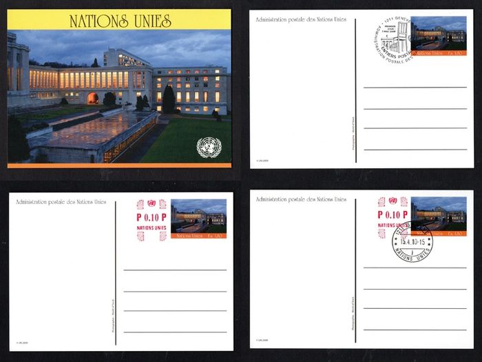 2009 United Nations Geneva (4) postcards showing View of the Office of the United Nations in Geneva both mint and used