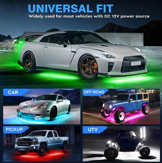 Underglow Car LED Lights Kit, RGBI Neon Accent Strip Lights, 16 Million Colors DIY & Music Mode with App Control, DC 12V Universal for Car