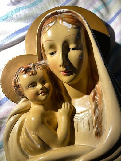 Vintage Italian Style Plaster Madonna & Child Holy Water Font (Sancta Maria