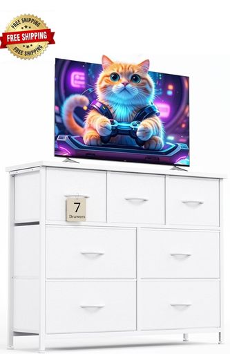 Chest of Drawers for Bedroom with 7 Drawers, Fabric Storage Drawer, Tall White Hallway Storage Unit