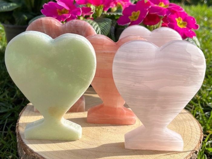 Variety of Crystal Heart Gemstones Rose Quartz, Tigers Eye, Opalite, Clear Quartz, Calcite, and more
