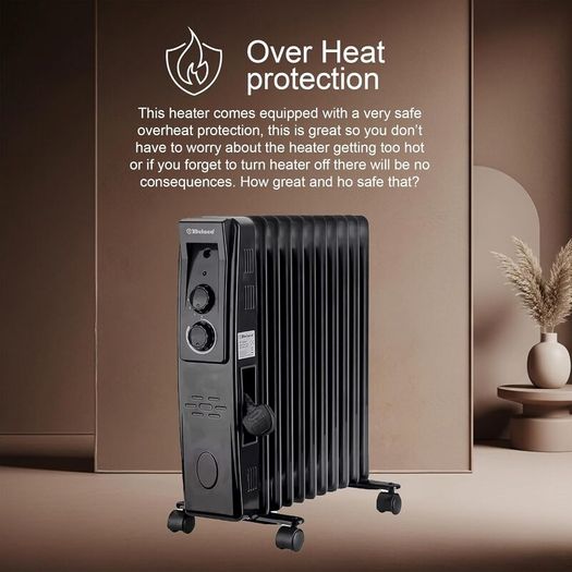 2500W Oil Filled Radiator Heater, 11 Fins Portable Electric Radiator with Adjustable Thermostat & Safety Cut-Off, Energy Saving Room Heater for Home & Office - Black