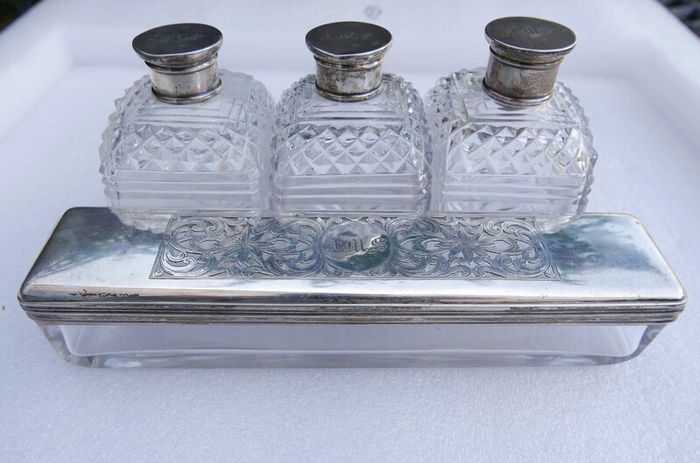 Victorian Sterling Silver Birmingham, Chester Hallmarked Antique Silver Lidded Cut Glass Dressing Table Set of Scent Bottles and Trinket Box