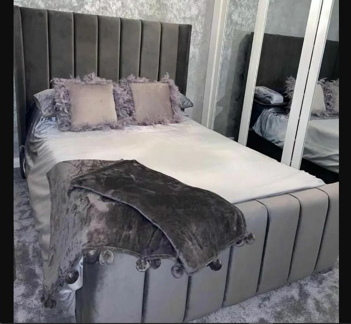 Ottoman Winged Panel Plush Velvet Upholstered Bed Frame Double & King Size Bed