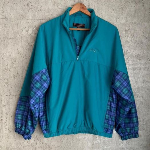 90s Sun Mountain Sports Teal & Blue Plaid Quarter Zip Pullover Jacket Size S Relaxed Fit