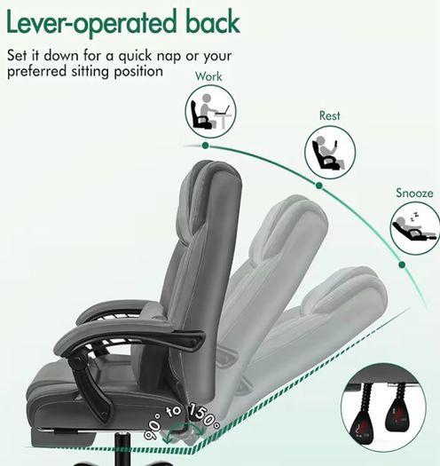 Office Chair for Home Office, Ergonomic PC Gaming Chair with Footrest Lumbar Support Armrests, Comfy High Back 150 Reclining Computer Chairs, 180KG Loads, PU Leather, Grey