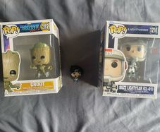funko pops: groot, buzz light year, and sasuke