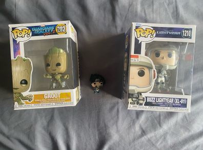 funko pops: groot, buzz light year, and sasuke