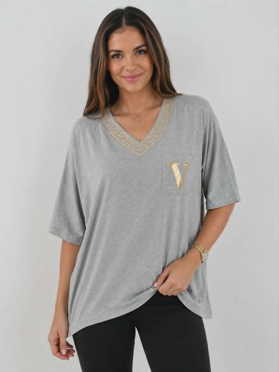 Women's Oversized V-Neck Top with Gold Greek Trim