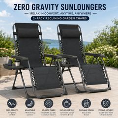 Zero Gravity Chairs Set of 2, Folding Sunloungers Reclining Garden Chairs with Cup Holder