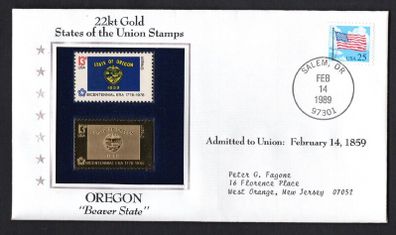 1988 USA Oregon "Beaver State" 22kt Gold Replica of the 1976 United States Flag Stamps showing 25c US flag definitive tied Salem, Oregon (state capital) illustrated cover