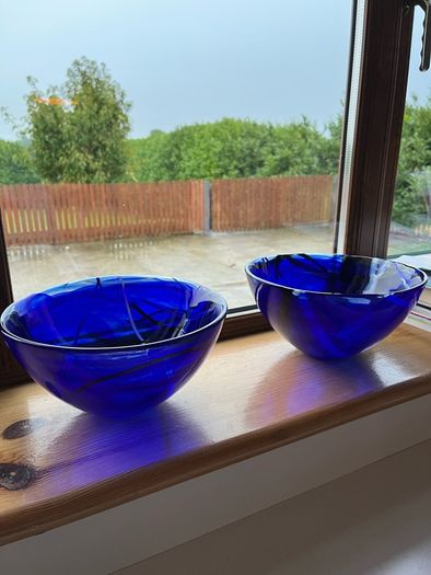 Pair of Kosta Boda Swedish blue glass bowls