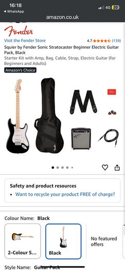 Squier by Fender Sonic Stratocaster Beginner Electric Guitar Pack, Black
