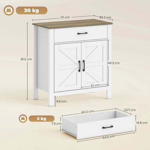 Sideboard, Storage Cabinet with 2 Barn Doors, Drawer and Adjustable Shelf, 77 x 39.3 x 81.5 cm