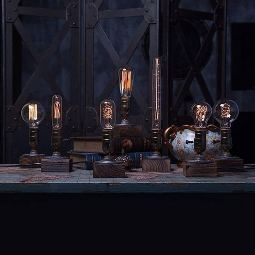 Weathered Wood Night Light Table Lamp Vintage Desk Lamp E26/E27 Edison Bulb Wooden Base Retro Industrial Steampunk Iron Pipe Flange Dimmable (FREE SHIPPING)