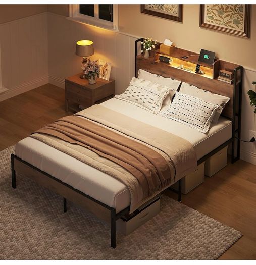 Double Bed Frame with Charging Station(2AC, 2USB) and LED, 135x190 Open Storage Shelves, Wooden Headboard, Metal Small Double Bed Frame with Underbed Storage, Strong Metal Slat Support
