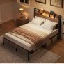 Double Bed Frame with Charging Station(2AC, 2USB) and LED, 135x190 Open Storage Shelves, Wooden Headboard, Metal Small Double Bed Frame with Underbed Storage, Strong Metal Slat Support Image 3