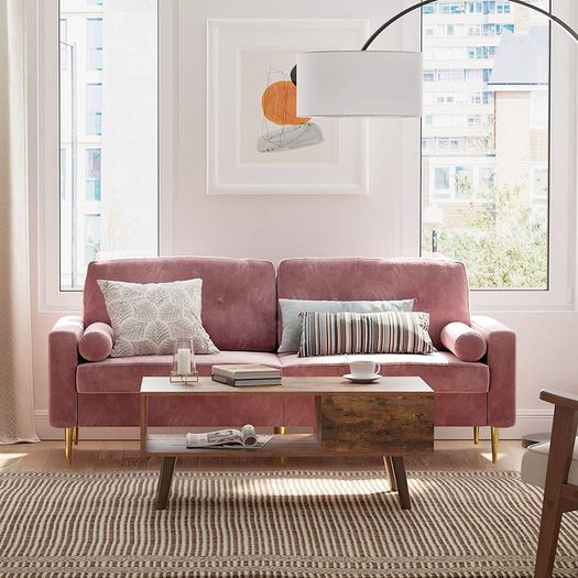 _3-seater sofa, couch for living room, cover made of velvet, for apartments, small rooms, wooden frame, metal legs, simple structure, modern design, 183 x 78 x 88 cm, pink