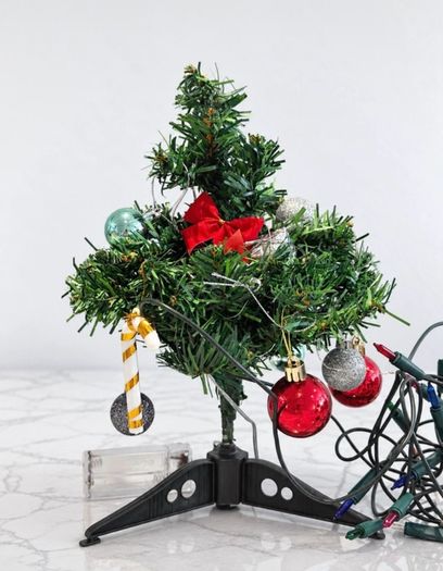 Pre Owned Mini Decorated Christmas Tree Set with String Lights & Ornaments