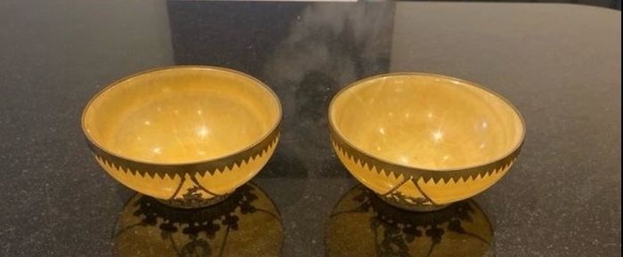 Pair of  beautiful Minnie Peters polished stone and  gilt metal matching dishes