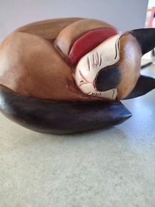 Large Hand Pinted And Carved Wooden Sleeping Cat.