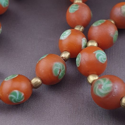 Vintage Venetian Style Orange Floral Glass With pumtek pyu Pendant Necklace