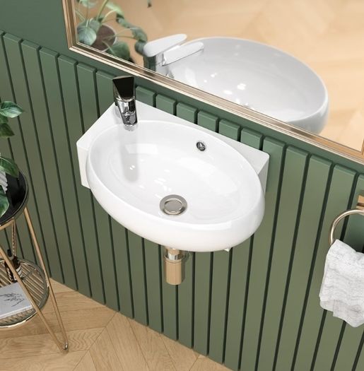 Wall Hung Ceramic Bathroom Sink, White Wash Basin 42x28x12.5cm  Modern Ceramic Basin, Wall-Mounted Cloakroom Basin with Overflow, Left Tap Hole, Space-Saving Corner Sink Basins for Bathroom