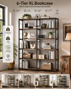 Bookcase XL 6 Tier Rustic Brown Industrial Shelf