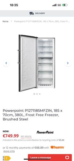 POWERPOINT Hybrid 380L Fridge (or Freezer) - Inox - 185x71cm | P1271185MRIN