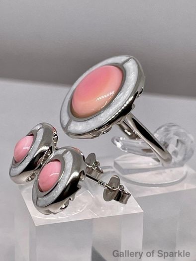 Queen Conch Shell Ring and  Stud Push Post Earring in Rhodium Overlay Sterling Silver