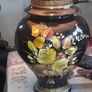 Beautiful Old Large Creamic Table Lamp  Hand Painted Floral Motifs Decorative Chinoiserie Inspired, and a Cream Colored Fabric Shade with Fringed Edging. Image 3