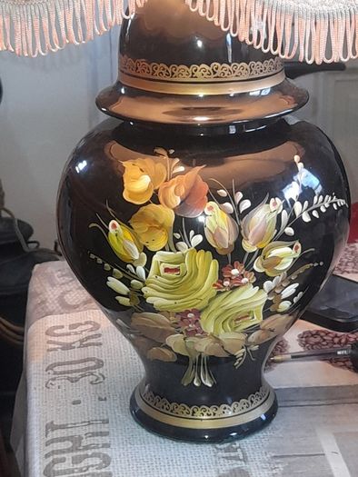Beautiful Old Large Creamic Table Lamp  Hand Painted Floral Motifs Decorative Chinoiserie Inspired, and a Cream Colored Fabric Shade with Fringed Edging.