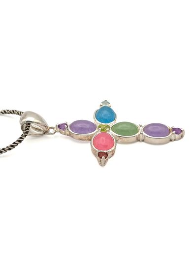 Vintage 925 Sterling Silver Multi Gemstone Cross Necklace