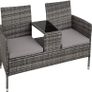 _Polyrattan Garden Bench with Table, 2-Seater, for Garden, Balcony and Patio, Plastic Feet, Garden Bench with Seat Cushion, Grey Image 5