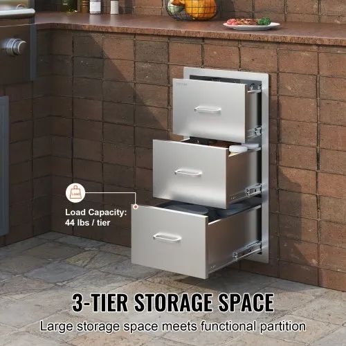Outdoor Kitchen Drawers 16\" W x 28.5\" H x 20.5\" D, Flush Mount Triple Access BBQ Drawers Stainless Steel with Handle