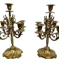 Pair of Heavy Vintage Ornate Brass Candelabras 5 Candle Holder 28cm Tall