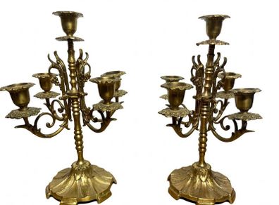 Pair of Heavy Vintage Ornate Brass Candelabras 5 Candle Holder 28cm Tall
