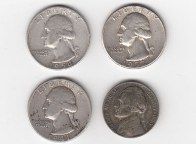 USA 3 x Quarters, 90% silver coins and 1943 wartime 35% silver Nickel.  Note : part holed in nickel ( no. 403)