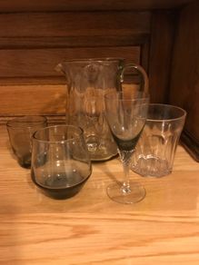 Smoky Glass jug + 4 assorted glasses