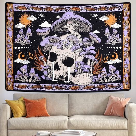 MULTIPLE SIZES AVAILABLE Skull Tapestry Purple Mushroom Wall Hanging Skeleton Wall Tapestries Moon Sun Wall Towel Wall Art for Bedroom Living Room 59.1x51.2in