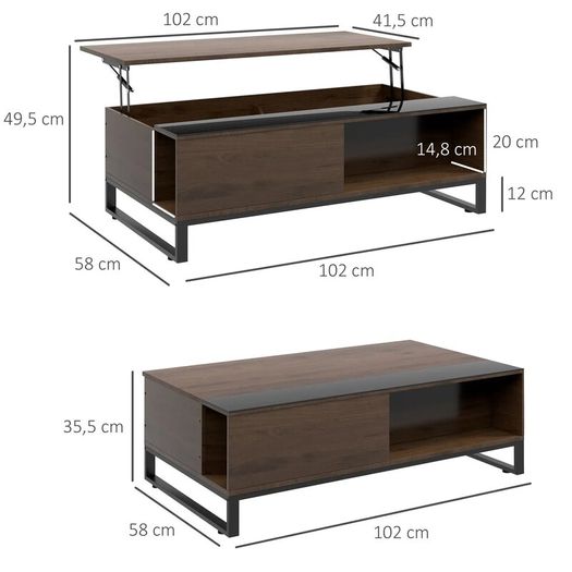Side table with lift function, hidden storage compartment, walnut wood-effect, steel frame, 102 x 58 x 35.5 cm